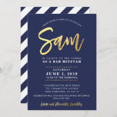 CUSTOM Bar Mitzvah moderne Marine + Goldname SAM Einladung (Vorne/Hinten)