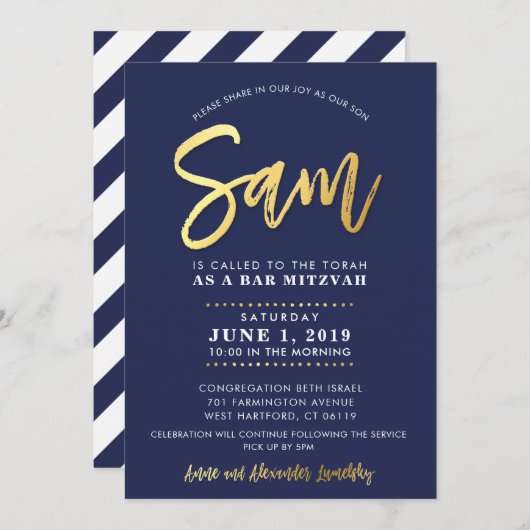 CUSTOM Bar Mitzvah moderne Marine + Goldname SAM Einladung (Vorne/Hinten)