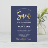 CUSTOM Bar Mitzvah moderne Marine + Goldname SAM Einladung (Stehend Vorderseite)