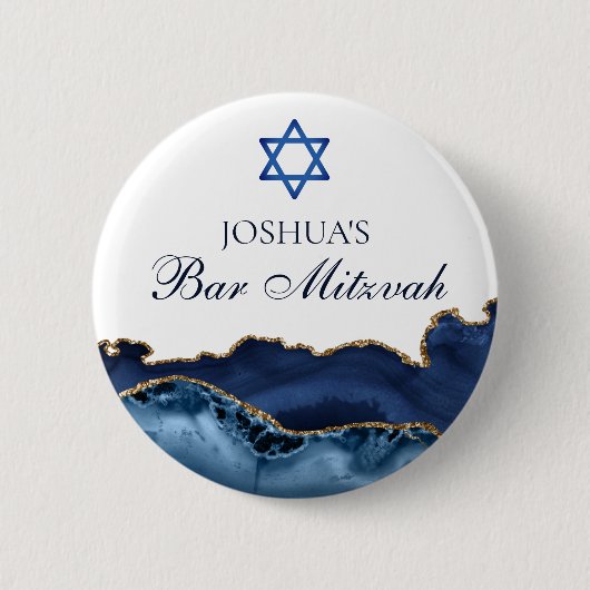 Custom Bar Mitzvah Party Navy Blue Gold Agate Button (Vorderseite)