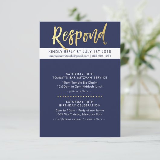 CUSTOM Bar Mitzvah Party Tommy Marine + Gold Einladung (Stehend Vorderseite)