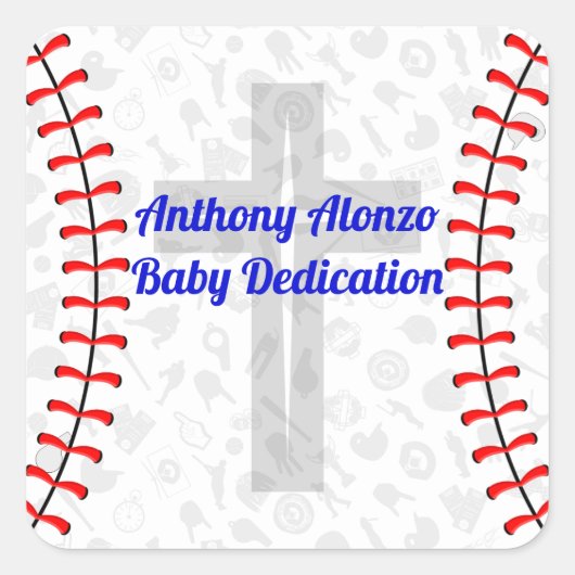 Custom Baseball Baby Dedication w/ Cross Quadratischer Aufkleber (Vorderseite)