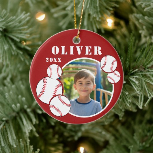 Custom Baseball Ball Red Sports Foto Keramik Ornament (Baum)