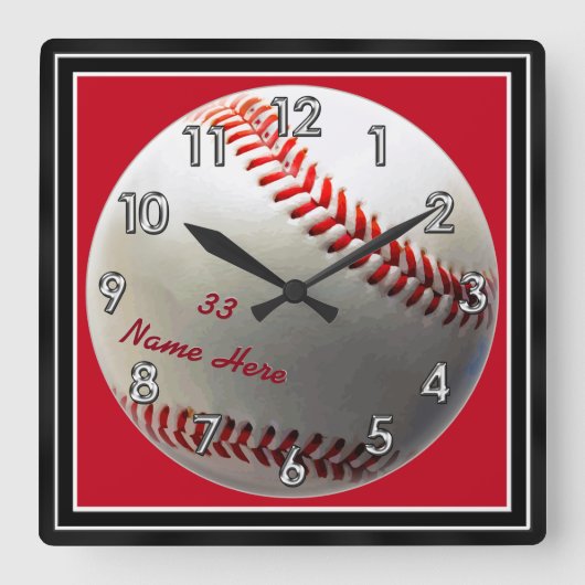 Custom Baseball Clocks with Your Name and Number Quadratische Wanduhr (Vorderseite)