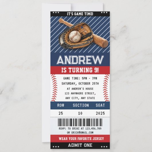 Custom Baseball Ticket Birthday with photo for boy Einladung (Vorderseite)