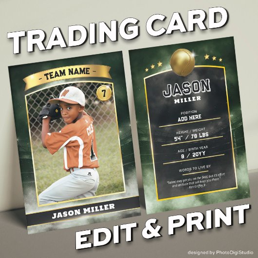 Custom Baseball Trading Card Green Gold Stadium Telefonnummerkarte