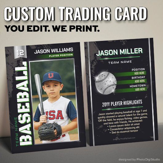 Custom Baseball Trading Card, Green Power Player Telefonnummerkarte