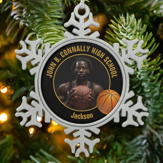 Custom Basketball Player Photo Black Gold Schneeflocken Zinn-Ornament