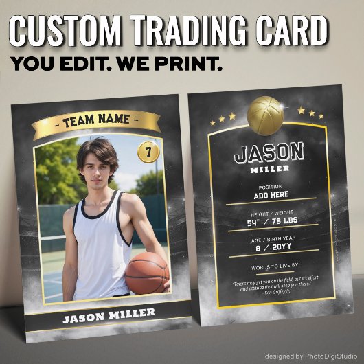 Custom Basketball Trading Card Black Gold Stadium Telefonnummerkarte