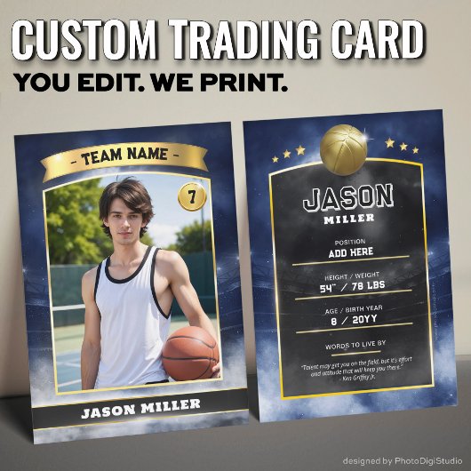 Custom Basketball Trading Card Blue Gold Stadium Telefonnummerkarte