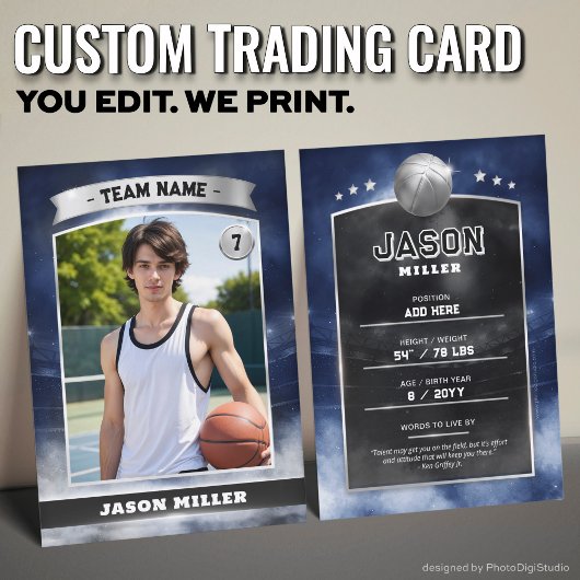 Custom Basketball Trading Card Blue Silver Stadium Telefonnummerkarte