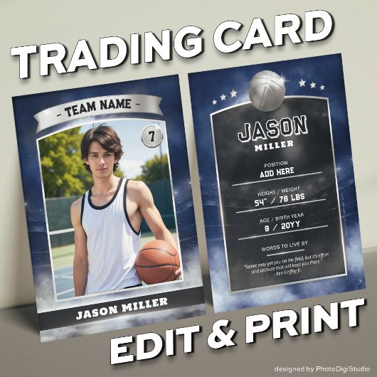 Custom Basketball Trading Card Blue Silver Stadium Telefonnummerkarte