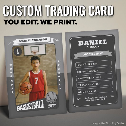 Custom Basketball Trading Card, Gray Retro Player Telefonnummerkarte
