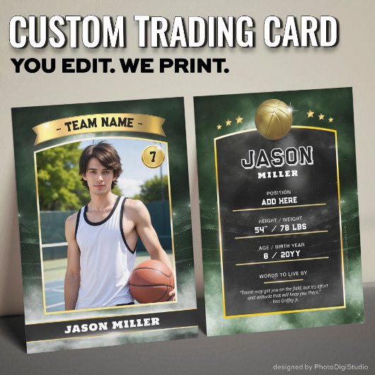 Custom Basketball Trading Card Green Gold Stadium Telefonnummerkarte