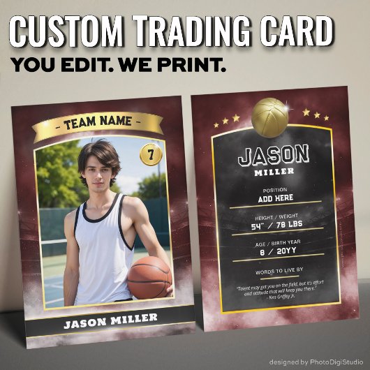 Custom Basketball Trading Card Red Gold Stadium Telefonnummerkarte