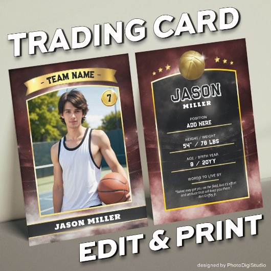Custom Basketball Trading Card Red Gold Stadium Telefonnummerkarte