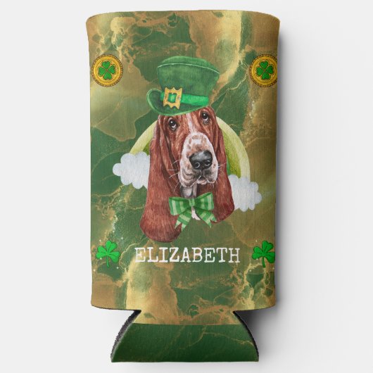 Custom Basset Hound Gold St Patricks Selters Dosenkühler (Vorderseite)