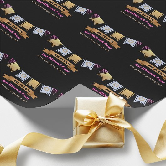 Custom Bat Mitzvah Black Pink Gold Geschenkpapier