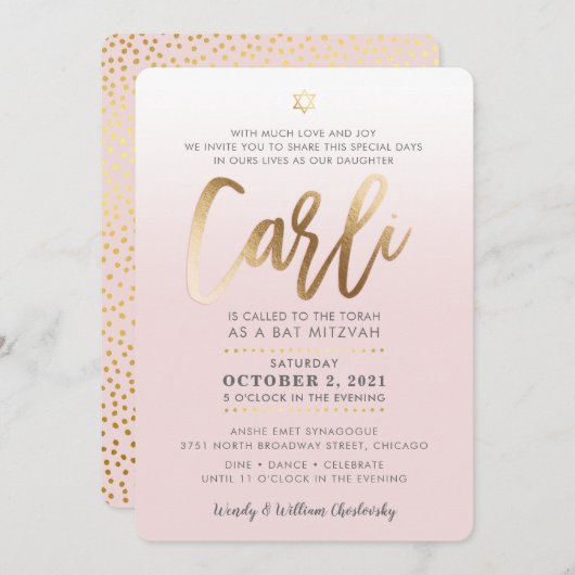 CUSTOM Bat Mitzvah Invite blassrosa gold CARLI Einladung (Vorne/Hinten)