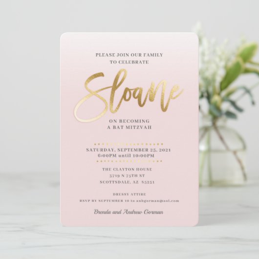 CUSTOM Bat Mitzvah Invite blassrosa gold SLOANE Einladung (Stehend Vorderseite)