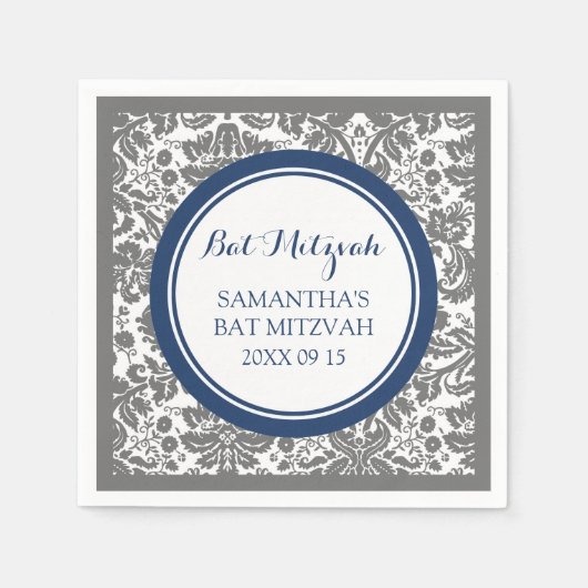 Custom Bat Mitzvah Napkin Grau Blue Damask Serviette (Vorderseite)