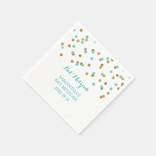 Custom Bat Mitzvah Napkin Mint Gold Blue Confetti Serviette (Ecke)