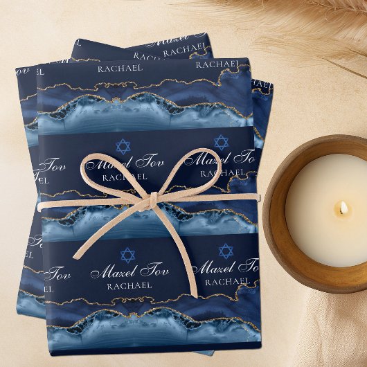 Custom Bat oder Bar Mitzvah Elegant Navy Blue Gold Geschenkpapier Set