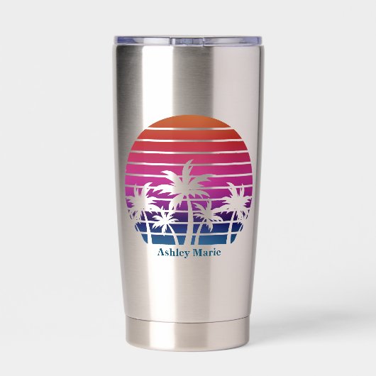 Custom Beach Girl Cute Tropical Palm Tree Thermobecher (Rückseite)