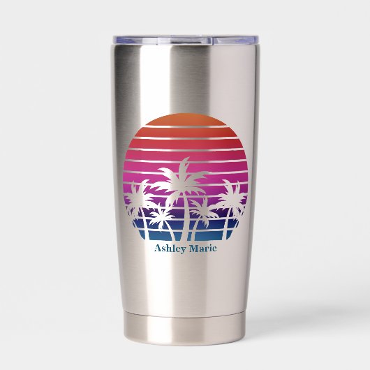Custom Beach Girl Cute Tropical Palm Tree Thermobecher (Vorderseite)