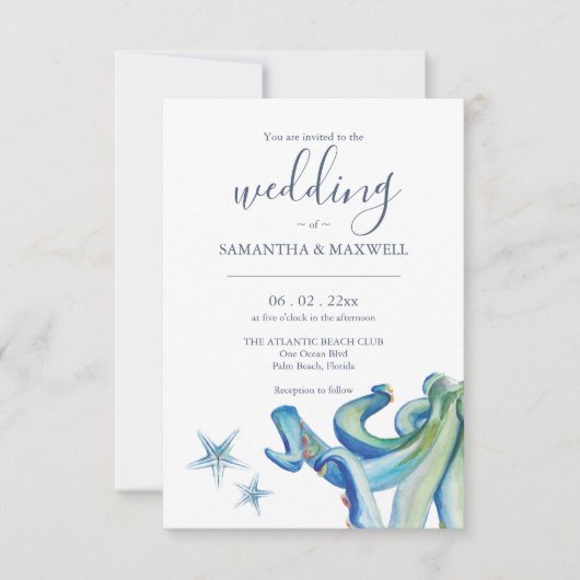 Custom Beach Hochzeit Einladungskarten Blue Octopu (Vorderseite)