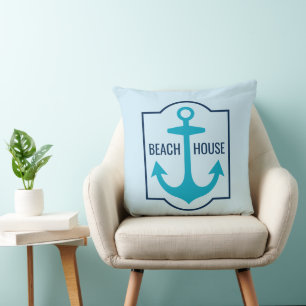 Custom Beach House Aquamarin und Navy Blue Anchor Kissen