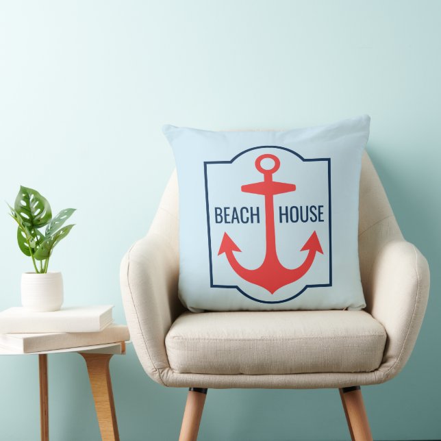 Custom Beach House Coral und Navy Blue Anchor Kissen (Stuhl )