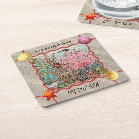 Custom Beach House Ocean Coastal Coral Fish Crab S Rechteckiger Pappuntersetzer (angewinkelt)