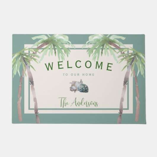 Custom Beach House Palm Tree Tropical Fußmatte (Vorderseite)