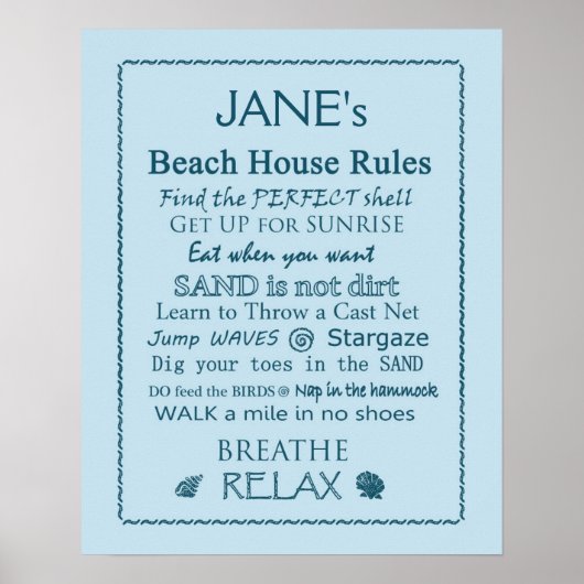 Custom Beach House Rules Poster (Vorne)