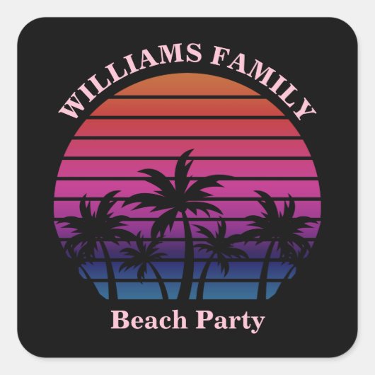Custom Beach Party Tropical Sunset Palm Trees Quadratischer Aufkleber (Vorderseite)