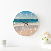 Custom Beach Photo and Text Große Wanduhr (Zuhause)