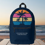 Custom Beach Vacation Niedlich Tropical Palm Tree  Bedruckter Rucksack<br><div class="desc">Niedlicher Sonnenuntergang mit blauen Rucksack für einen Badeurlaub oder einen Familienausflug ins Meer. Cooles personalisiertes Geschenk mit tropischen Palmen und hübschen Rosa und Blau mit Ihrem personalisierten Namen oder anderen Text.</div>