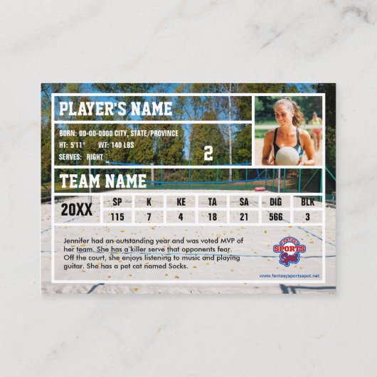 Custom Beach Volleyball Trading Card (Gelb) Telefonnummerkarte (Rückseite)