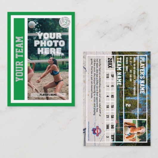 Custom Beach Volleyball Trading Card (Kelly Green) Telefonnummerkarte (Vorne/Hinten)