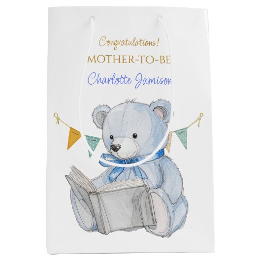 Custom Bear lesen ein Buch Danke Baby Dusche Mittlere Geschenktüte (Vorderseite)