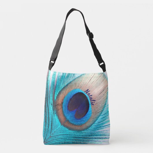 Custom Beautiful Peacock Feather with Name Tragetaschen Mit Langen Trägern (Rückseite)