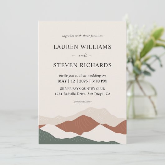Custom Beige Gray Abstrakt Mountains Wedding Einladung (Stehend Vorderseite)