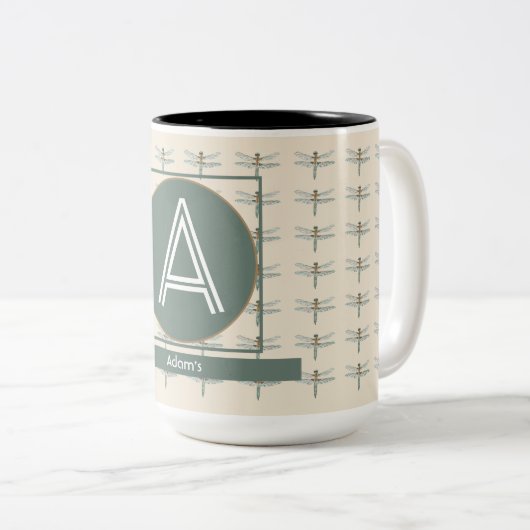 CUSTOM BEIGE OLIVE RETRO DRAGONFLY ZWEIFARBIGE TASSE (VorderseiteRechts)