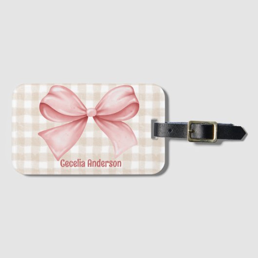 Custom Beige und rosa Gingham mit Aquarellbogen Gepäckanhänger (Vorderseite (Horizontal))