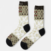 Custom Beige White Gold Red Floral Aztec Muster Socken (Linkes Detail)