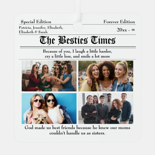 Custom Best Friends Newspaper Collage Ornament Aus Metall (Rückseite)