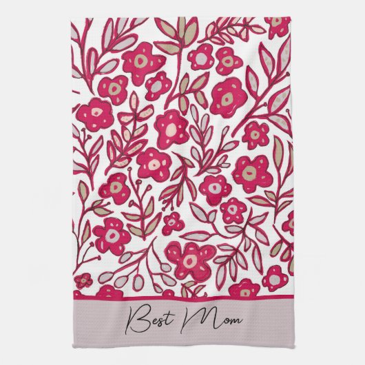 Custom Best Mama Boho Floral Red Gray Küchentuch (Vertikal)