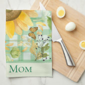 Custom Best Mama Green Gingham Sunflower Butterfly Geschirrtuch (Viertel Falte)