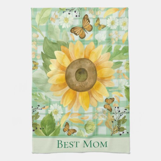 Custom Best Mama Green Gingham Sunflower Butterfly Geschirrtuch (Vertikal)